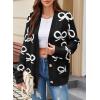 imageAstylish Womens Open Front Knit Cardigan Sweaters Button Down Bow Printed Outwear Coat with PocketsBlack