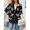 imageAstylish Womens Open Front Knit Cardigan Sweaters Button Down Bow Printed Outwear Coat with PocketsBlack