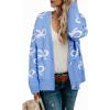 imageAstylish Womens Open Front Knit Cardigan Sweaters Button Down Bow Printed Outwear Coat with PocketsLight Blue