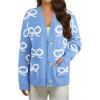 imageAstylish Womens Open Front Knit Cardigan Sweaters Button Down Bow Printed Outwear Coat with PocketsLight Blue
