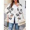 imageAstylish Womens Open Front Knit Cardigan Sweaters Button Down Bow Printed Outwear Coat with PocketsWhite