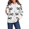 imageAstylish Womens Open Front Knit Cardigan Sweaters Button Down Bow Printed Outwear Coat with PocketsWhite