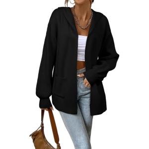 imageAstylish Women Hooded Cardigan Sweaters Chunky Open Front Pockets Oversized Solid Ribbed Outerwear Fall OutfitsBlack