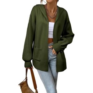 imageAstylish Women Hooded Cardigan Sweaters Chunky Open Front Pockets Oversized Solid Ribbed Outerwear Fall OutfitsBlackish Green