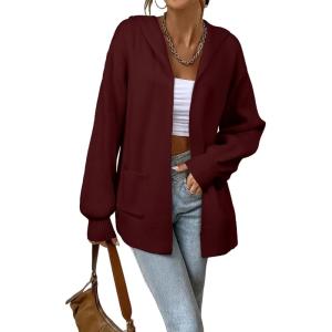 imageAstylish Women Hooded Cardigan Sweaters Chunky Open Front Pockets Oversized Solid Ribbed Outerwear Fall OutfitsBurgundy