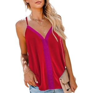 imageAstylish Womens Cute Ruffle V Neck Sleeveless Shirts Spaghetti Strap Solid Cami Tank Tops Blouses Large Red