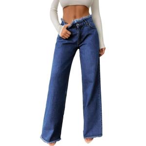 imageAstylish Womens High Waisted Raw Hem Jeans Stretchy Wide Leg Frayed Straight Denim PantsAshleigh Blue