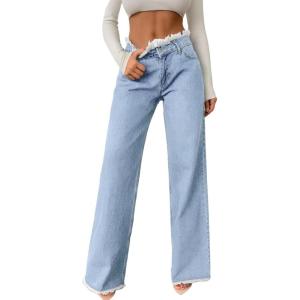 imageAstylish Womens High Waisted Raw Hem Jeans Stretchy Wide Leg Frayed Straight Denim PantsBeau Blue