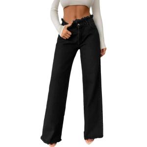 imageAstylish Womens High Waisted Raw Hem Jeans Stretchy Wide Leg Frayed Straight Denim PantsBlack