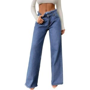 imageAstylish Womens High Waisted Raw Hem Jeans Stretchy Wide Leg Frayed Straight Denim PantsDusk Blue