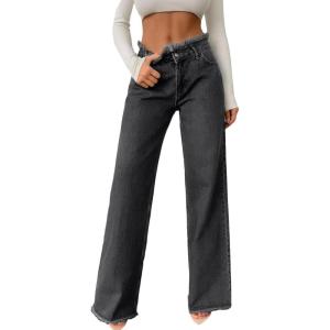 imageAstylish Womens High Waisted Raw Hem Jeans Stretchy Wide Leg Frayed Straight Denim PantsGray