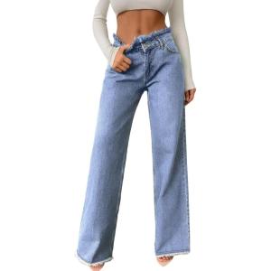 imageAstylish Womens High Waisted Raw Hem Jeans Stretchy Wide Leg Frayed Straight Denim PantsMyosotis