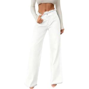 imageAstylish Womens High Waisted Raw Hem Jeans Stretchy Wide Leg Frayed Straight Denim PantsWhite