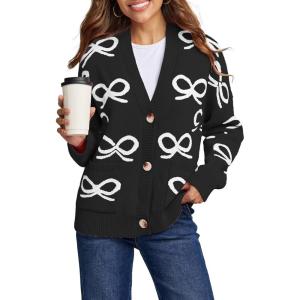 imageAstylish Womens Open Front Knit Cardigan Sweaters Button Down Bow Printed Outwear Coat with PocketsBlack