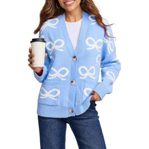imageAstylish Womens Open Front Knit Cardigan Sweaters Button Down Bow Printed Outwear Coat with PocketsLight Blue