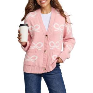 imageAstylish Womens Open Front Knit Cardigan Sweaters Button Down Bow Printed Outwear Coat with PocketsPink