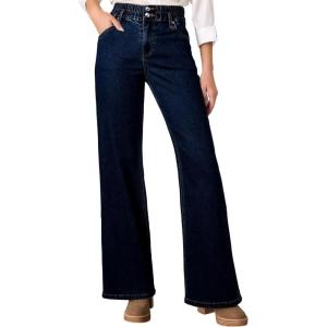 imageAstylish Womens Stretch Elastic High Waisted Jeans Trendy Baggy Wide Leg Straight Denim PantsNavy Blue