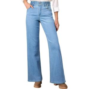 imageAstylish Womens Stretch Elastic High Waisted Jeans Trendy Baggy Wide Leg Straight Denim PantsSky Blue