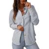 imageAstylish Womens Striped Dress Shirt Long Sleeve Collared Metal Heart Shaped Button Down Blouse TopsLight Grey