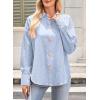 imageAstylish Womens Striped Dress Shirt Long Sleeve Collared Metal Heart Shaped Button Down Blouse TopsMist Blue