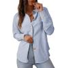 imageAstylish Womens Striped Dress Shirt Long Sleeve Collared Metal Heart Shaped Button Down Blouse TopsMist Blue