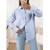 imageAstylish Womens Striped Dress Shirt Long Sleeve Collared Metal Heart Shaped Button Down Blouse TopsMist Blue