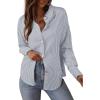 imageAstylish Womens Striped Dress Shirt Long Sleeve Collared Metal Heart Shaped Button Down Blouse TopsLight Grey