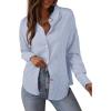 imageAstylish Womens Striped Dress Shirt Long Sleeve Collared Metal Heart Shaped Button Down Blouse TopsMist Blue