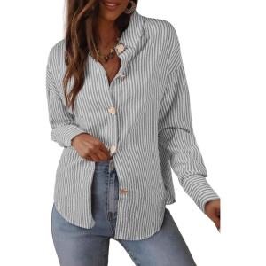 imageAstylish Womens Striped Dress Shirt Long Sleeve Collared Metal Heart Shaped Button Down Blouse TopsGray