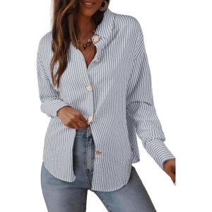 imageAstylish Womens Striped Dress Shirt Long Sleeve Collared Metal Heart Shaped Button Down Blouse TopsLight Grey