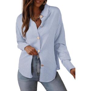 imageAstylish Womens Striped Dress Shirt Long Sleeve Collared Metal Heart Shaped Button Down Blouse TopsMist Blue