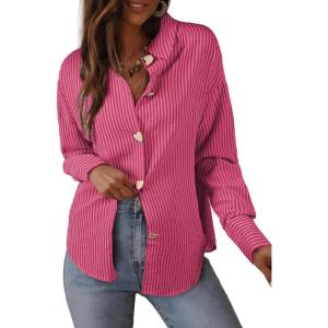 imageAstylish Womens Striped Dress Shirt Long Sleeve Collared Metal Heart Shaped Button Down Blouse TopsPink