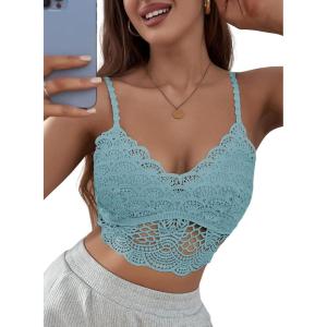 imageAstylish Womens Comfort V Neck Breathable Floral Lace Bralette Ladies Elastic Straps Wirefree Full Coverage Bra Sky Blue Large
