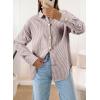 imageAstylish Womens Striped Dress Shirt Long Sleeve Collared Metal Heart Shaped Button Down Blouse TopsChestnut