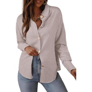 imageAstylish Womens Striped Dress Shirt Long Sleeve Collared Metal Heart Shaped Button Down Blouse TopsChestnut