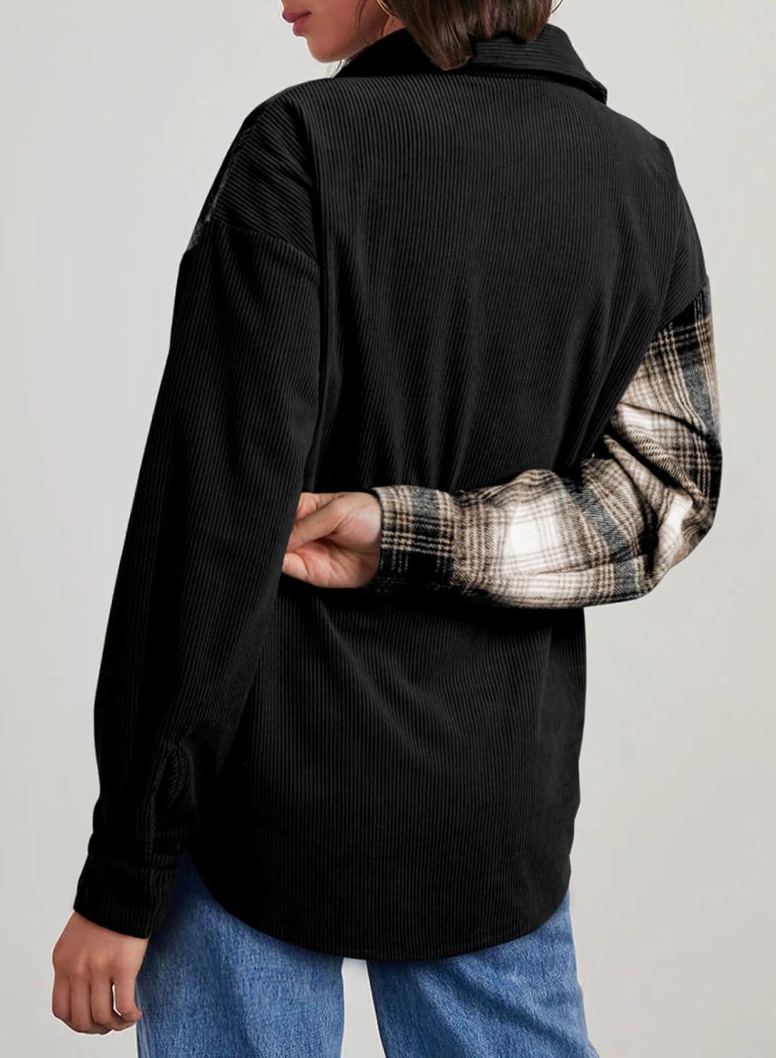 imageAstylish Womens Flannel Plaid Shirts Long Sleeve Button Down Shacket Color Block Blouse TopsBlack