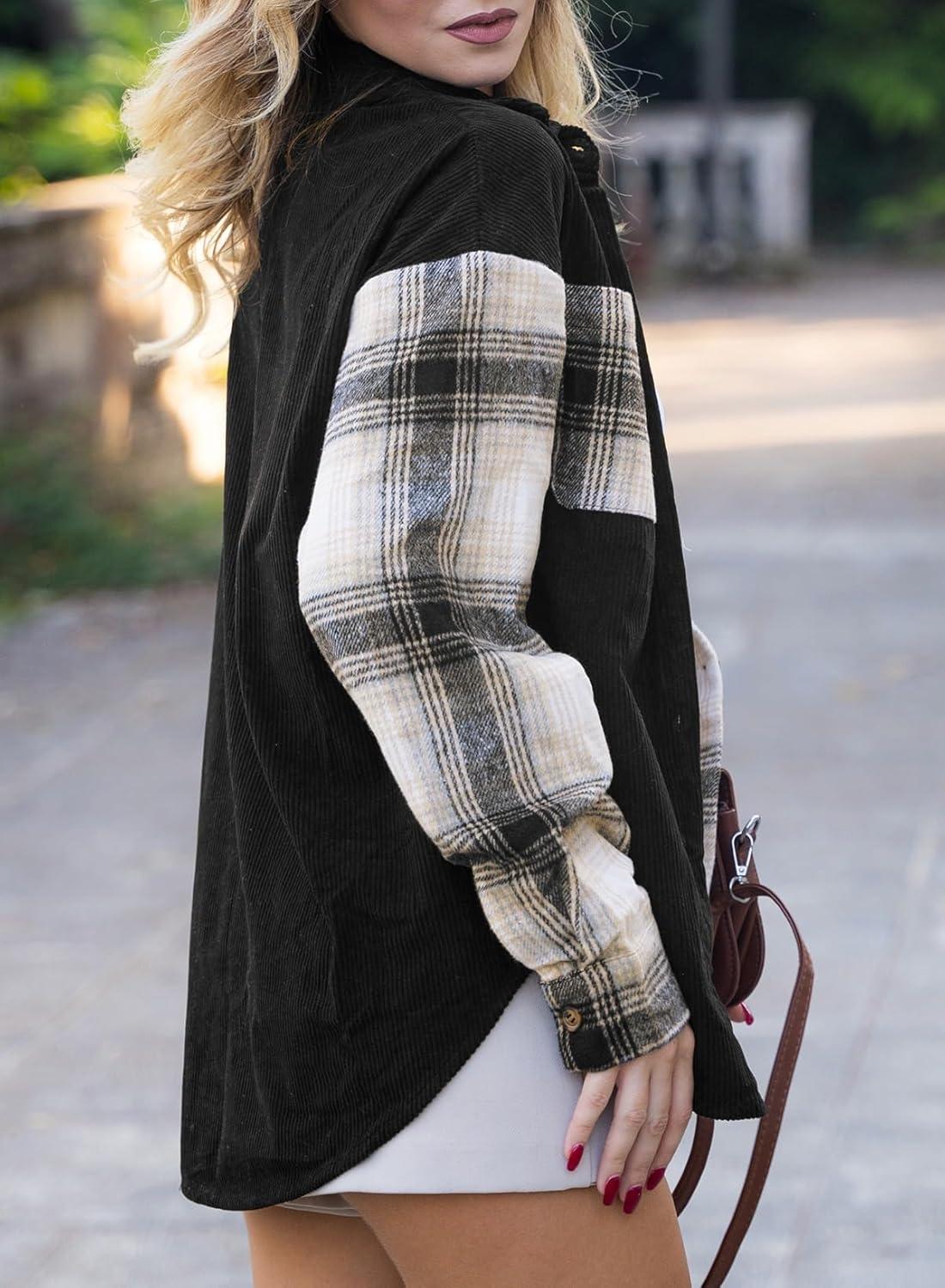 imageAstylish Womens Flannel Plaid Shirts Long Sleeve Button Down Shacket Color Block Blouse TopsBlack