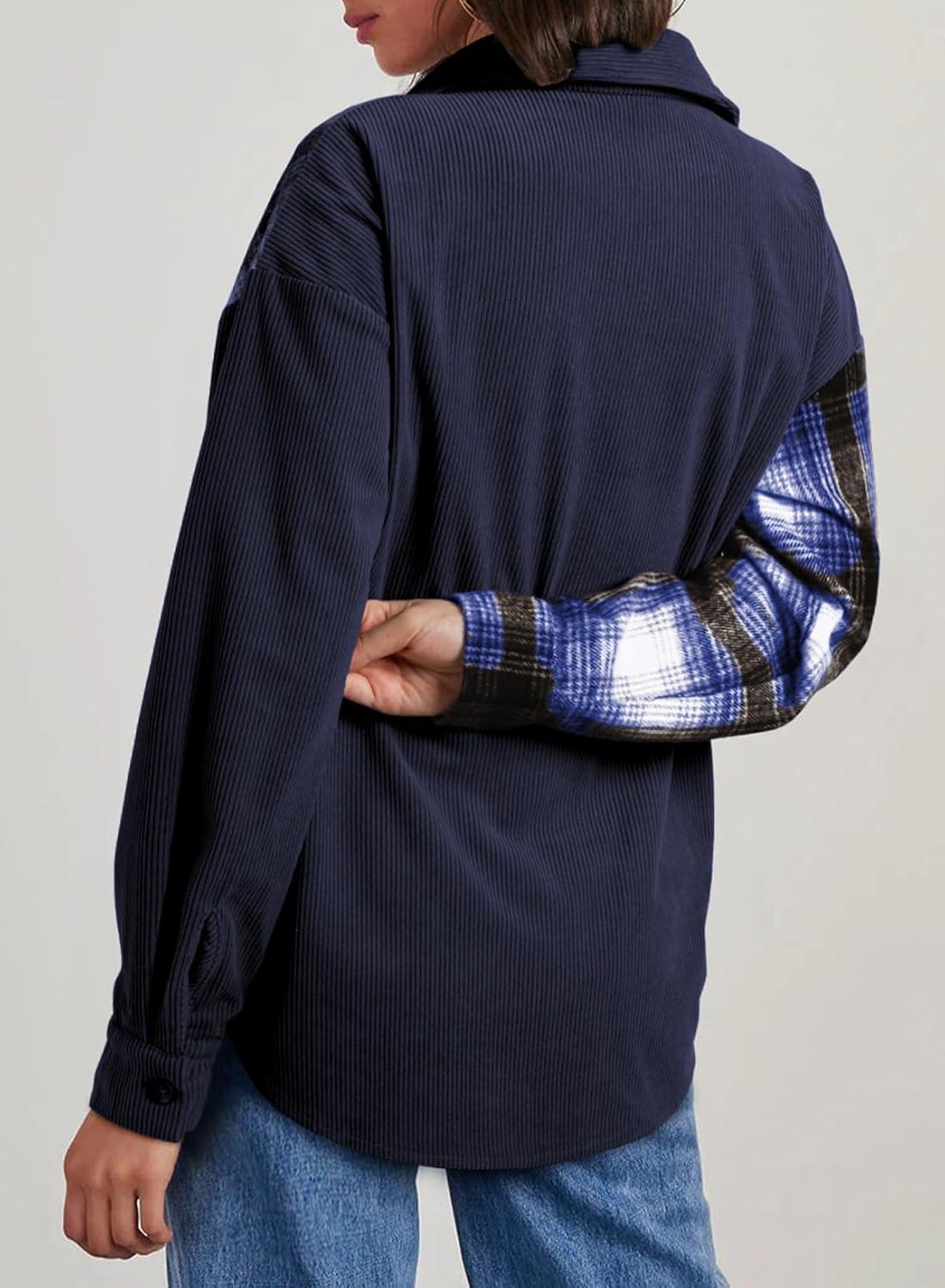 imageAstylish Womens Flannel Plaid Shirts Long Sleeve Button Down Shacket Color Block Blouse TopsBluing
