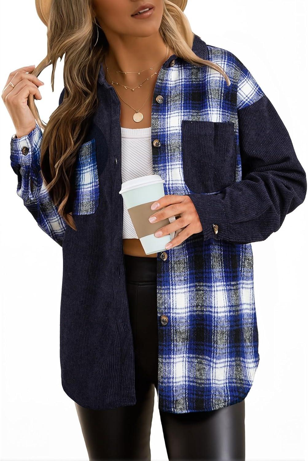 imageAstylish Womens Flannel Plaid Shirts Long Sleeve Button Down Shacket Color Block Blouse TopsBluing