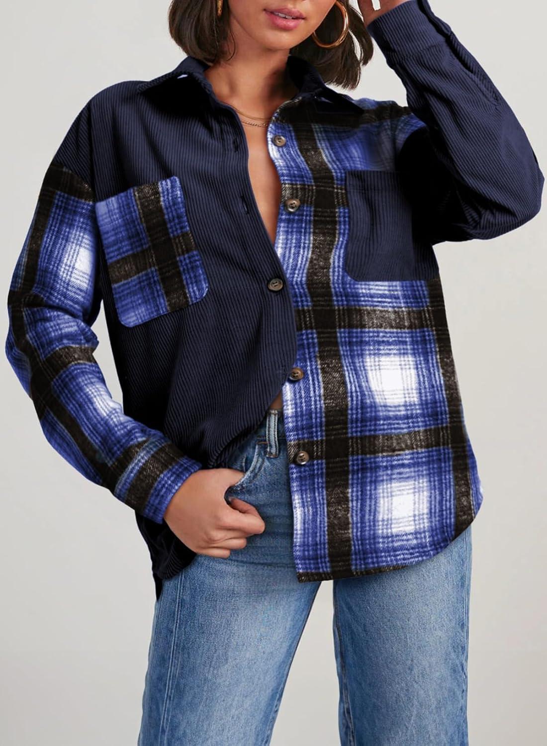 imageAstylish Womens Flannel Plaid Shirts Long Sleeve Button Down Shacket Color Block Blouse TopsBluing