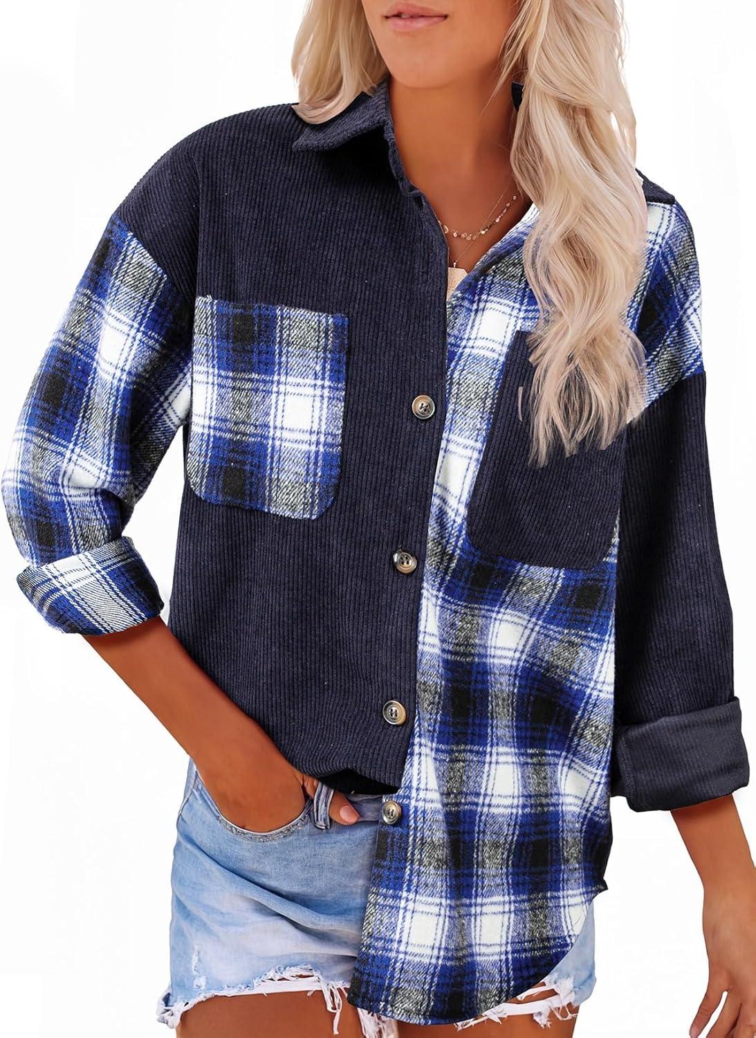 imageAstylish Womens Flannel Plaid Shirts Long Sleeve Button Down Shacket Color Block Blouse TopsBluing