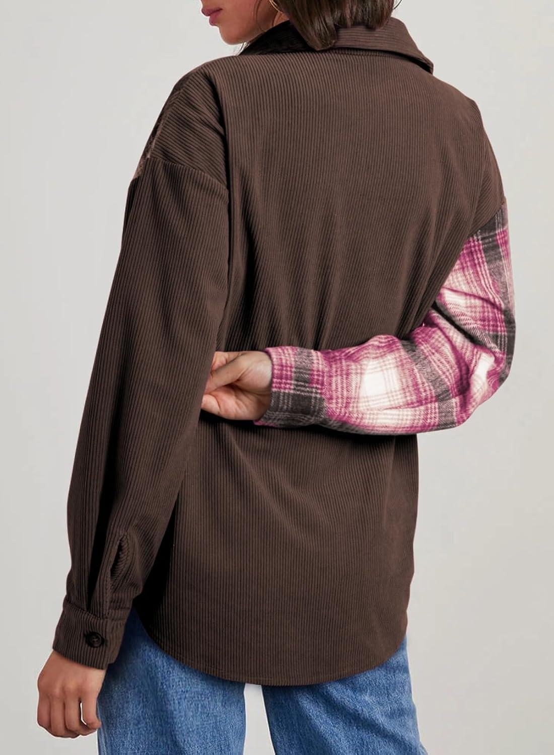 imageAstylish Womens Flannel Plaid Shirts Long Sleeve Button Down Shacket Color Block Blouse TopsDesert Palm