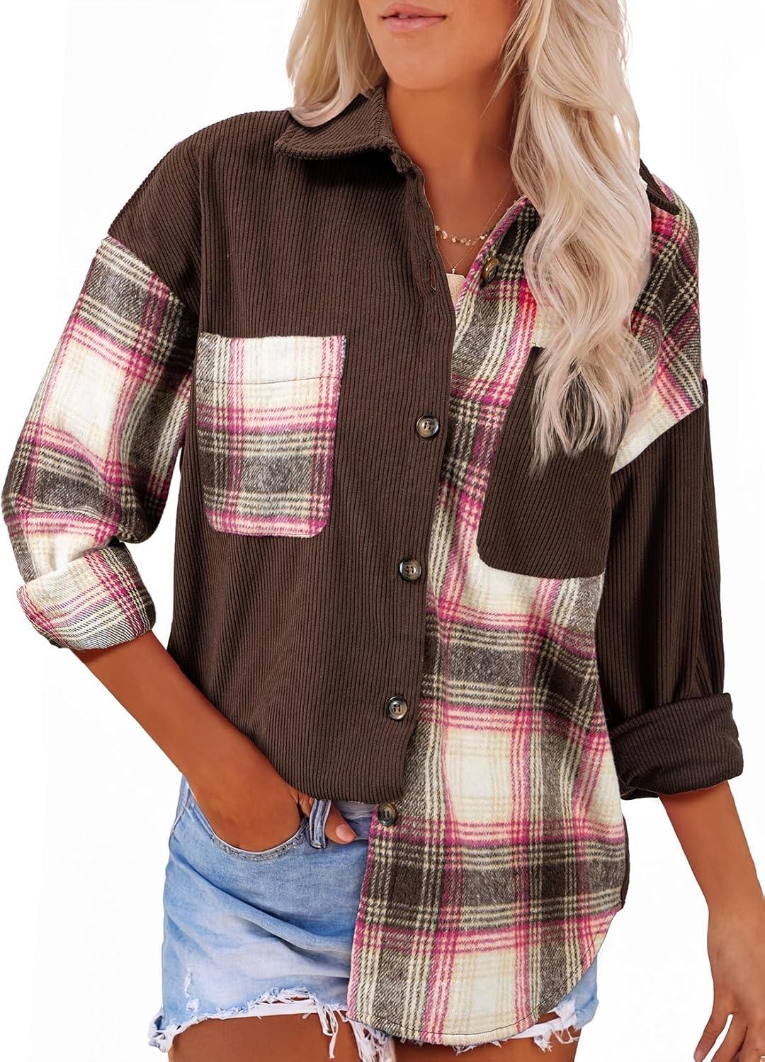 imageAstylish Womens Flannel Plaid Shirts Long Sleeve Button Down Shacket Color Block Blouse TopsDesert Palm