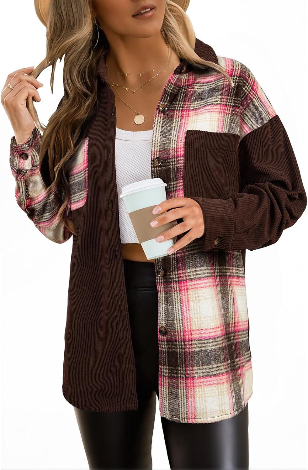 imageAstylish Womens Flannel Plaid Shirts Long Sleeve Button Down Shacket Color Block Blouse TopsDesert Palm