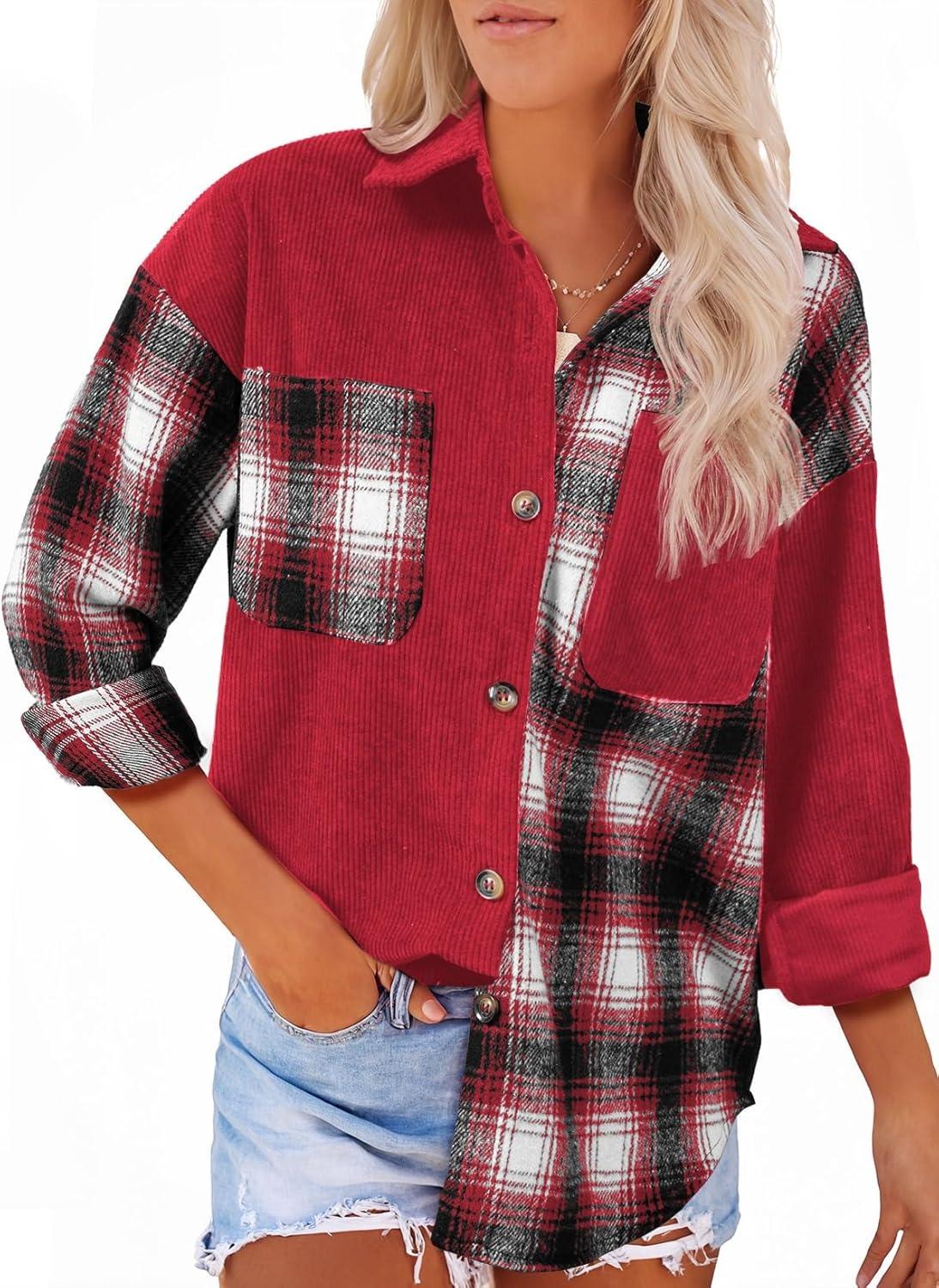 imageAstylish Womens Flannel Plaid Shirts Long Sleeve Button Down Shacket Color Block Blouse TopsFiery Red