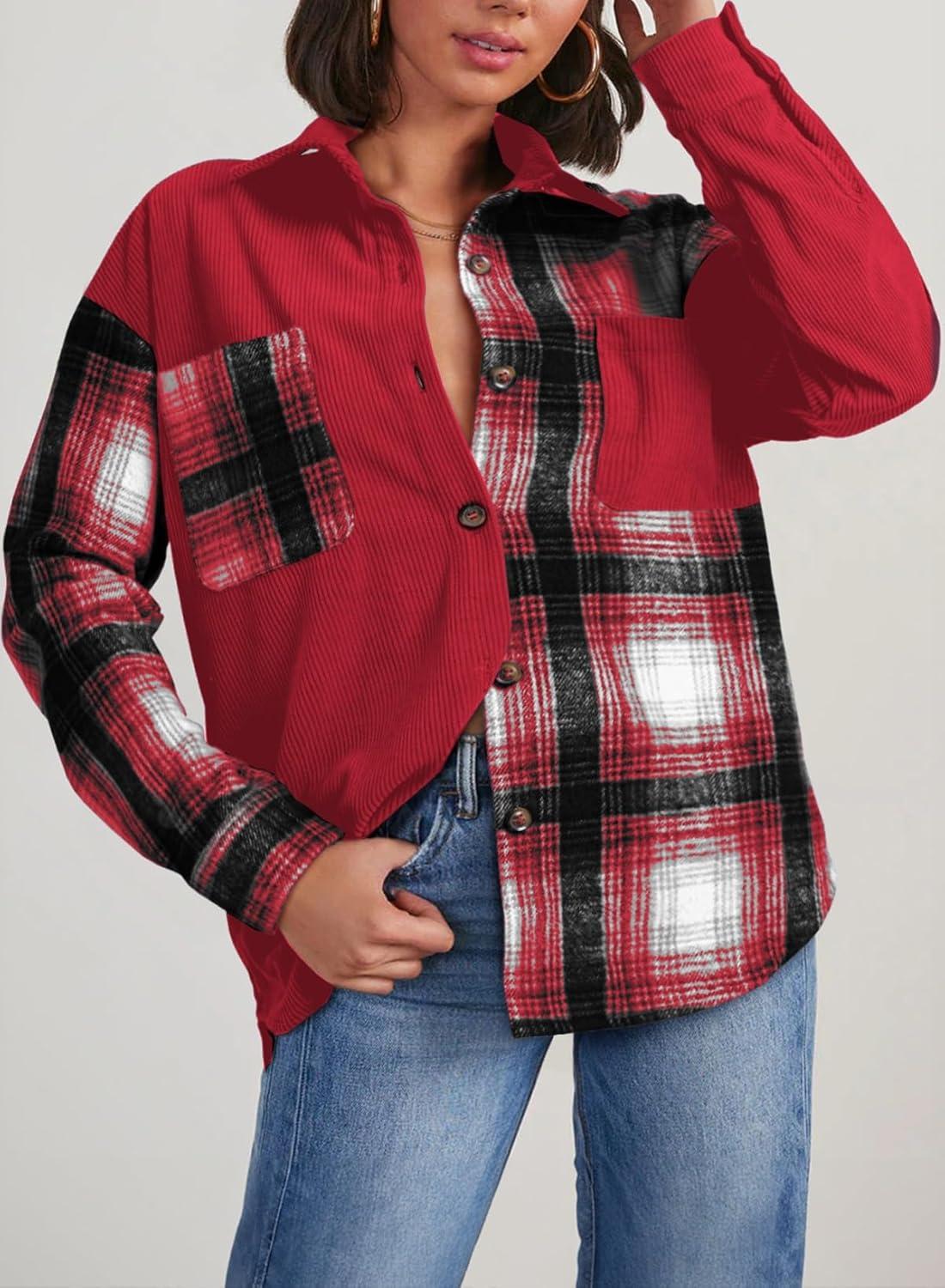 imageAstylish Womens Flannel Plaid Shirts Long Sleeve Button Down Shacket Color Block Blouse TopsFiery Red