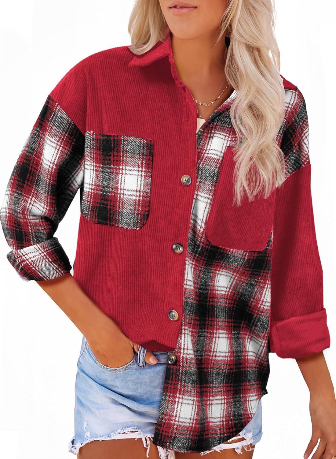 imageAstylish Womens Flannel Plaid Shirts Long Sleeve Button Down Shacket Color Block Blouse TopsFiery Red