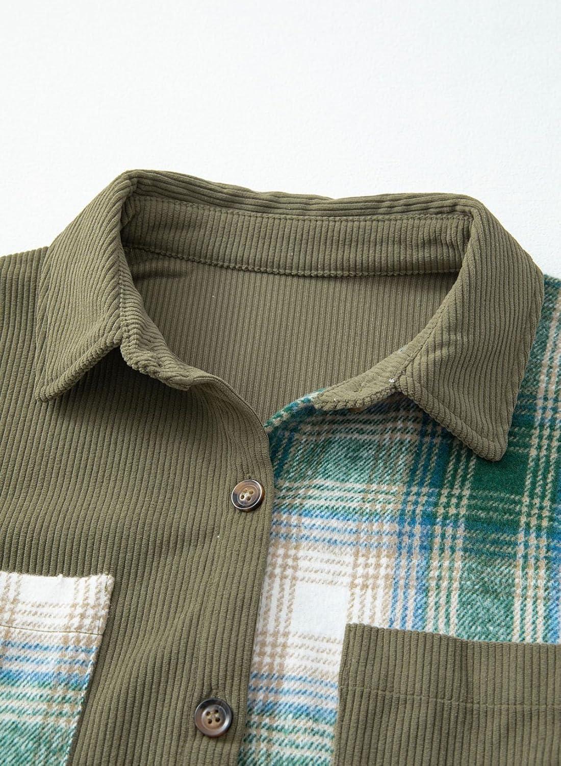 imageAstylish Womens Flannel Plaid Shirts Long Sleeve Button Down Shacket Color Block Blouse TopsMist Green