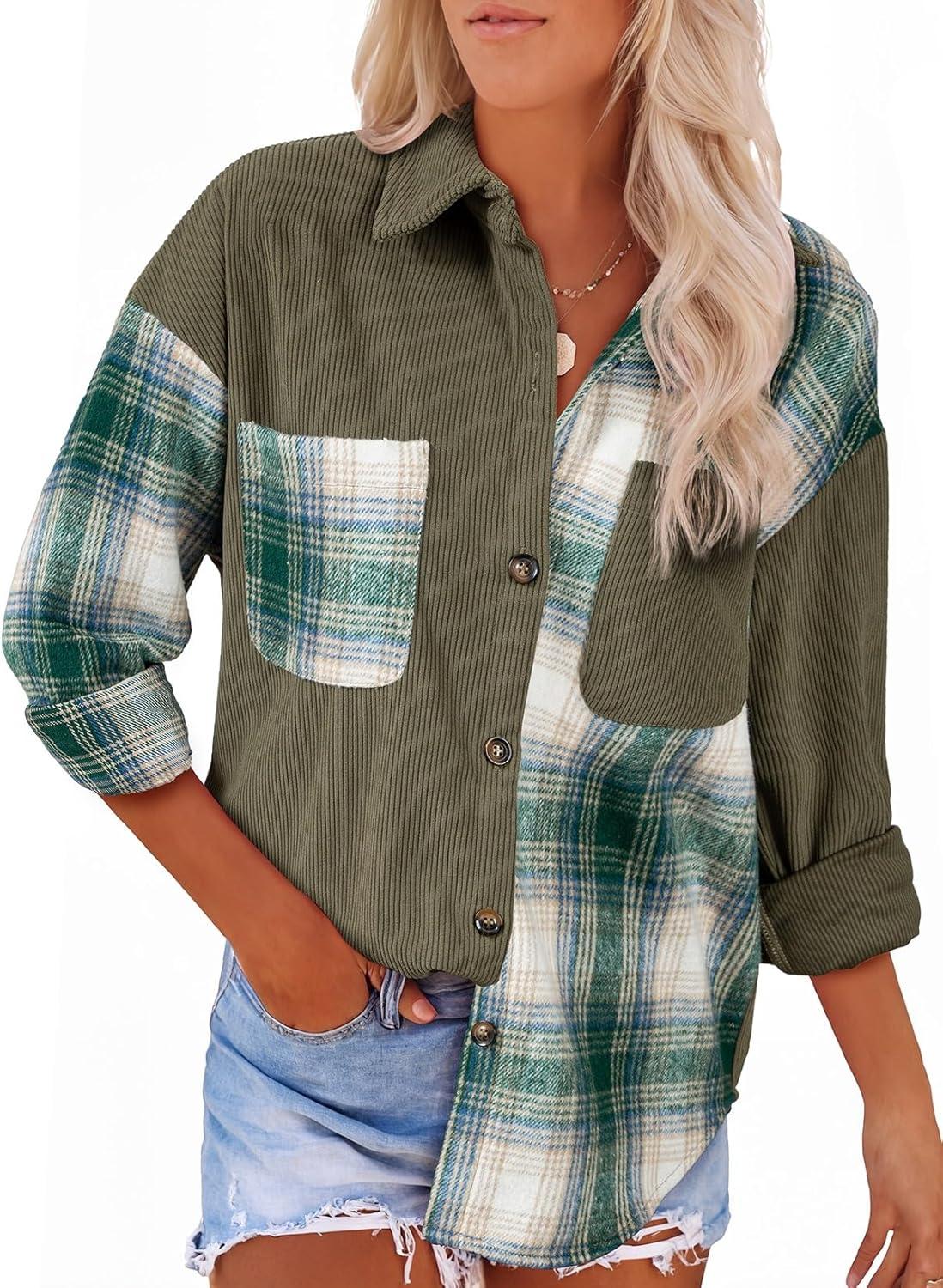 imageAstylish Womens Flannel Plaid Shirts Long Sleeve Button Down Shacket Color Block Blouse TopsMist Green