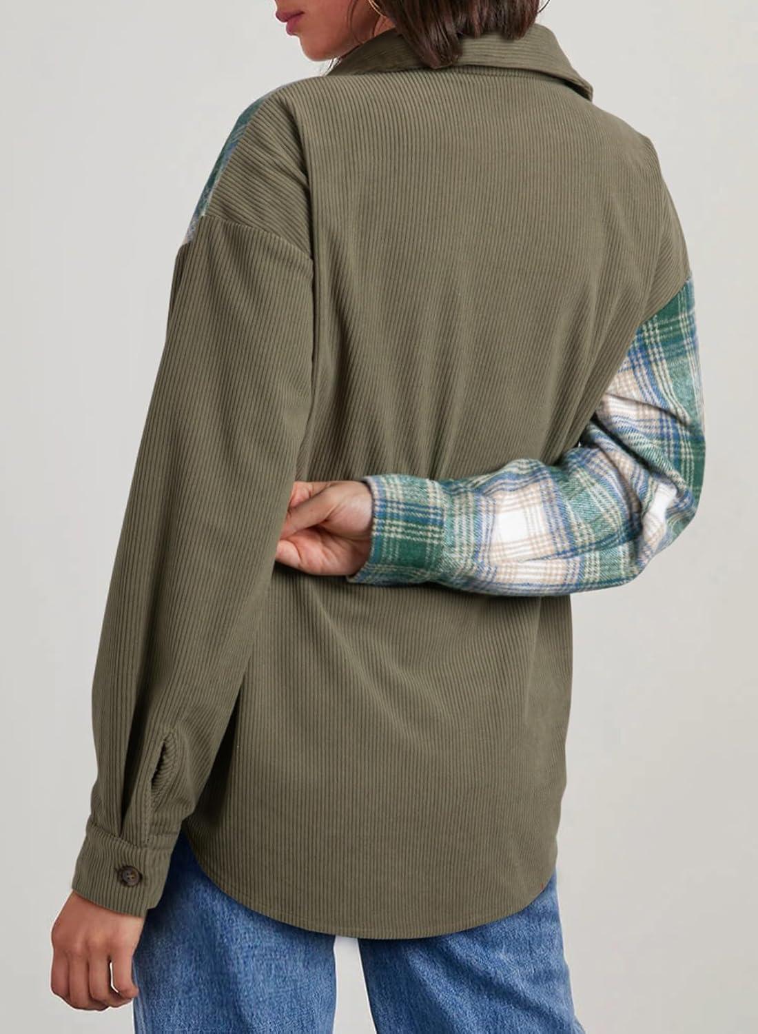 imageAstylish Womens Flannel Plaid Shirts Long Sleeve Button Down Shacket Color Block Blouse TopsMist Green